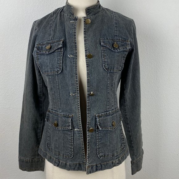 She's Cool Fitted Denim Jacket Pockets Mandarin Collar Button Front Dark Wash SM - Picture 1 of 11